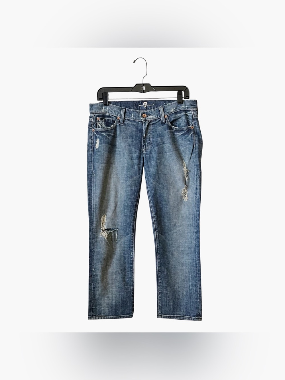 7 For All Mankind Jeans Womens Size 29 Blue Crop Straight Leg Pockets Distressed
